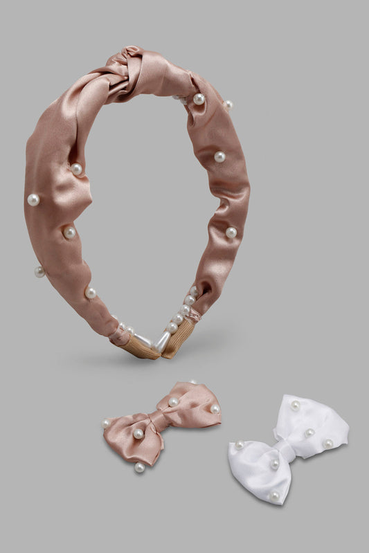 White And Beige Embellished Hair Accessories Set For Girls (3 Piece)