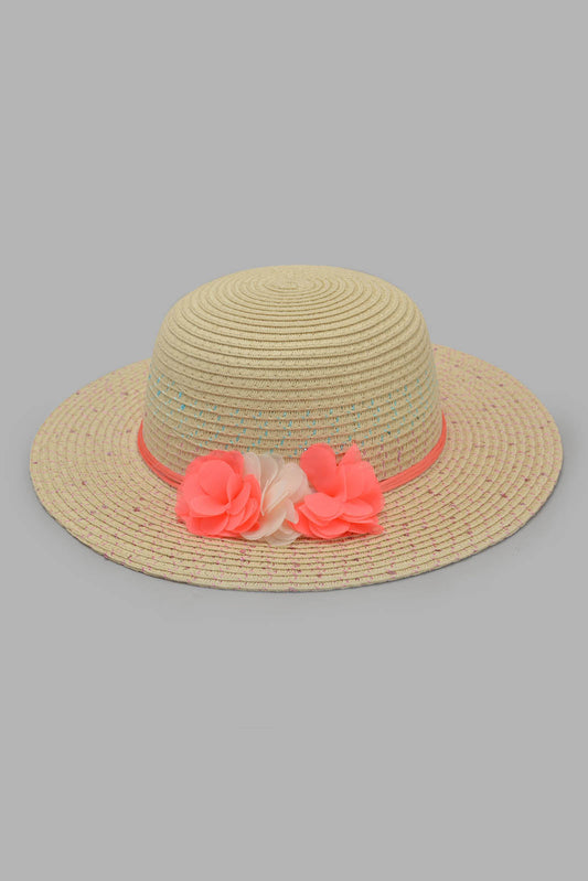 Redtag-Beige-Floral-Embellished-Hat-Category:Caps-&-Hats,-Colour:Assorted,-Filter:Girls-Accessories,-GIR-Caps-&-Hats,-New-In,-New-In-GIR-ACC,-Non-Sale,-Section:Girls-(0-to-14Yrs),-W22O-Girls-