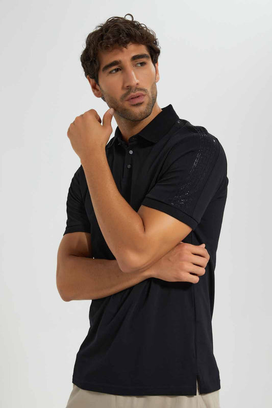 Redtag-Black-Polo-Shirt-With-Stone-Work-Category:Polo-T-Shirts,-Colour:Black,-Deals:New-In,-EID,-Filter:Men's-Clothing,-Men-Polo-T-Shirts,-New-In-Men-APL,-Non-Sale,-Section:Men,-W22O-Men's-