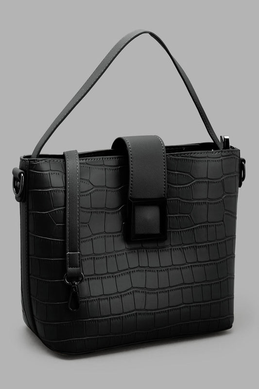 Redtag-Black-Bucket-Texture-Cross-Body-Bag-Category:Bags,-Colour:Black,-Filter:Women's-Accessories,-New-In,-New-In-Women-ACC,-Non-Sale,-S22C,-Section:Women,-Women-Bags-Women-