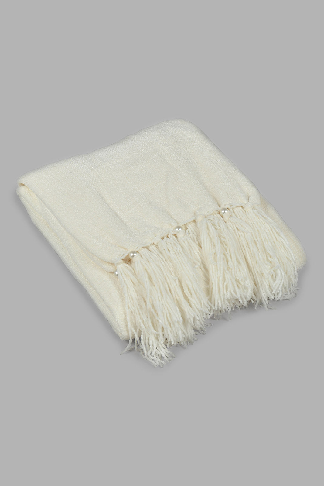 Redtag-Ivory-Chenille-Throw-With-Beaded-Fringe-Category:Throws,-Colour:Ivory,-Deals:New-In,-Elsa,-Filter:Home-Bedroom,-HMW-BED-Throws,-New-In-HMW-BED,-Non-Sale,-S22C,-Section:Homewares-Home-Bedroom-