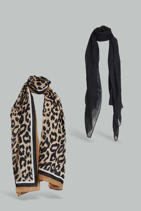 Redtag-Multicolour-Solid-And-Printed-Set-Of-2-Scarf-Category:Scarves,-Colour:Assorted,-Filter:Women's-Accessories,-New-In,-New-In-Women-ACC,-Non-Sale,-Section:Women,-W22O,-Women-Scarves-Women-