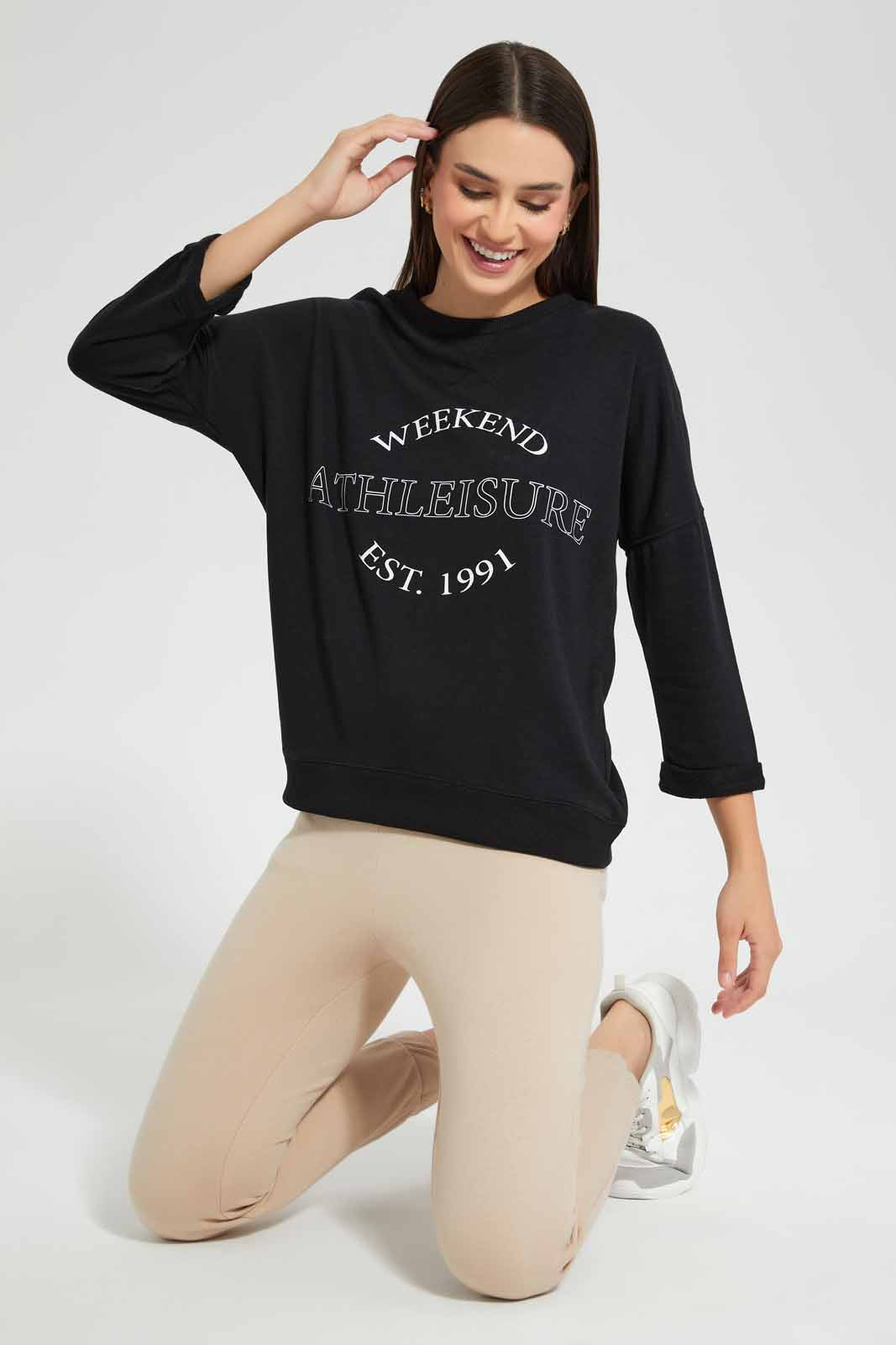 Redtag-Black-Graphic-Crew-Neck-Sweatshirt-Category:Sweatshirts,-Colour:Black,-Deals:New-In,-Filter:Women's-Clothing,-New-In-Women,-Non-Sale,-S22D,-Section:Women,-Women-Sweatshirts-Women's-