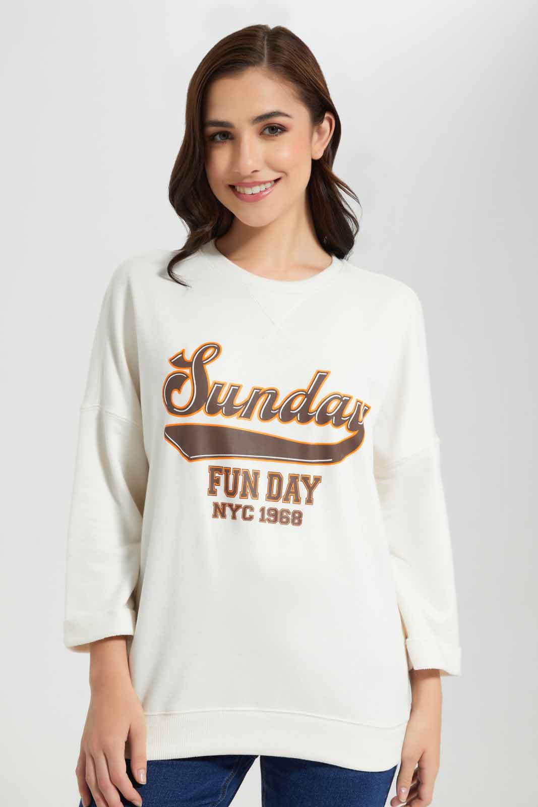 Redtag-Ivory-Graphic-Crew-Neck-Sweatshirt-Category:Sweatshirts,-Colour:Ivory,-Deals:New-In,-Filter:Women's-Clothing,-New-In-Women,-Non-Sale,-S22D,-Section:Women,-Women-Sweatshirts-Women's-