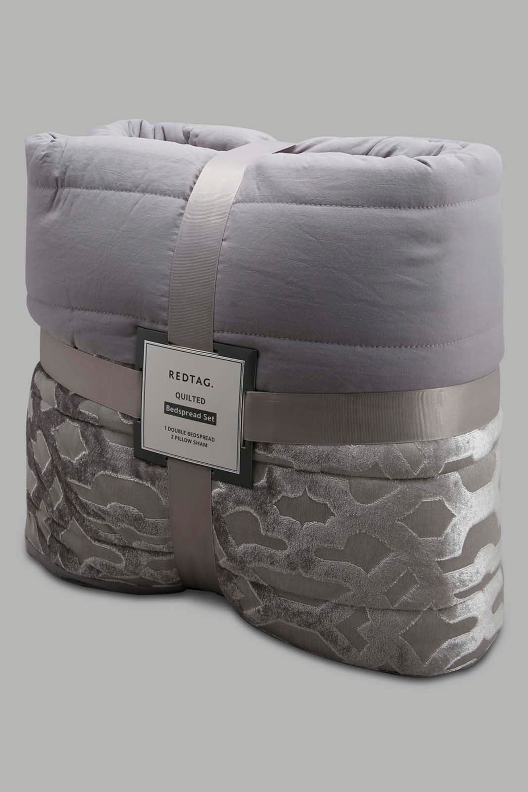 Redtag-Grey-3-Piece-Cut-Velvet-Bedspread-Set-(Double-Size)-Category:Bedspreads,-Colour:Grey,-Deals:New-In,-Filter:Home-Bedroom,-HMW-BED-Bedspreads,-New-In-HMW-BED,-Non-Sale,-Section:Homewares,-W22A-Home-Bedroom-