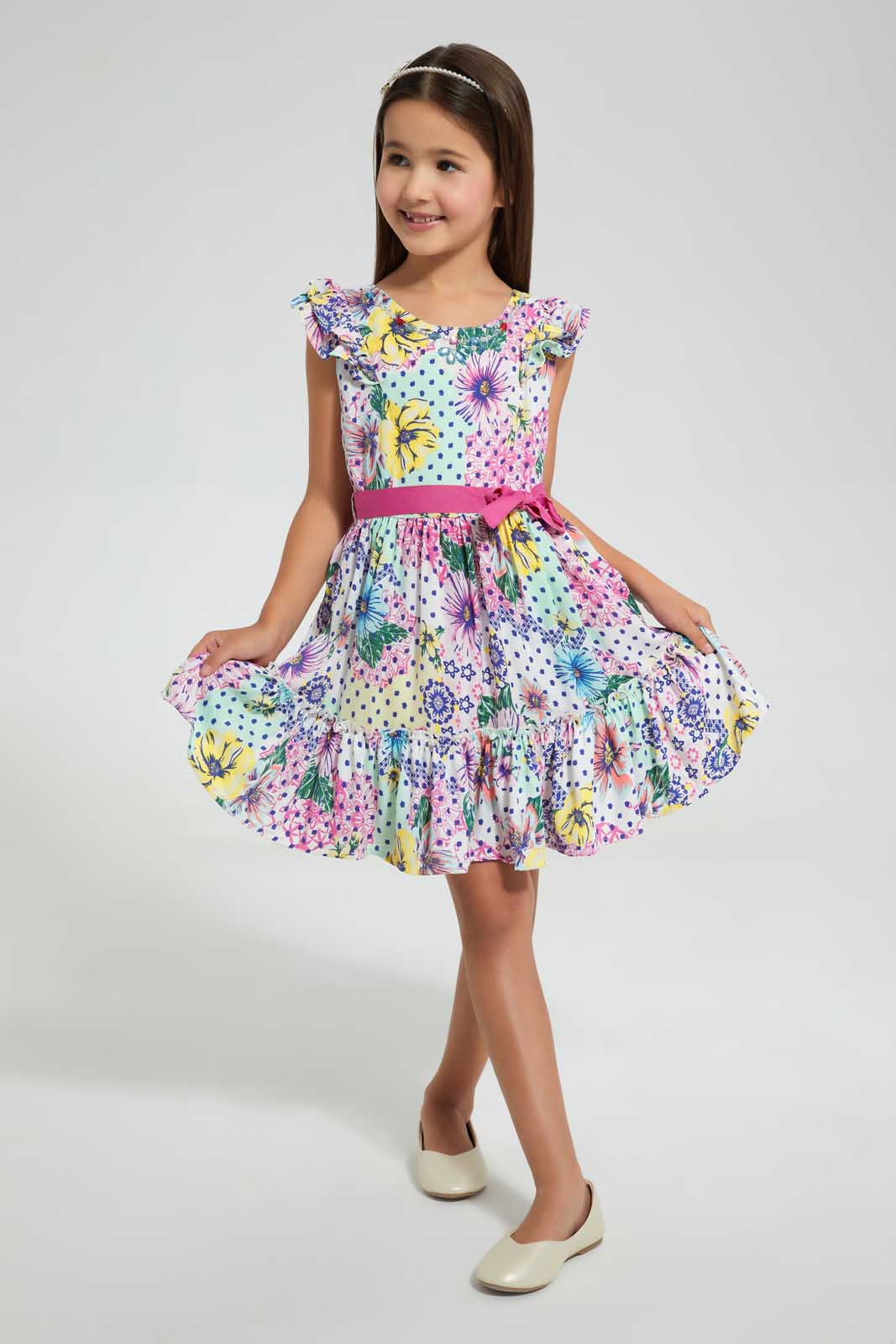 Redtag-Multi-Colored-Floral-Aop-Dress-Dresses-Girls-2 to 8 Years