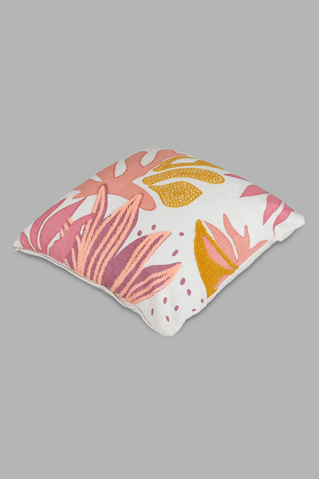 Redtag-White-With-Pink-Leaf-Design-Cushion-Category:Cushions,-Colour:Pink,-Deals:New-In,-Filter:Home-Bedroom,-HMW-BED-Cushions,-Naya,-New-In-HMW-BED,-Non-Sale,-Section:Homewares,-W22O-Home-Bedroom-
