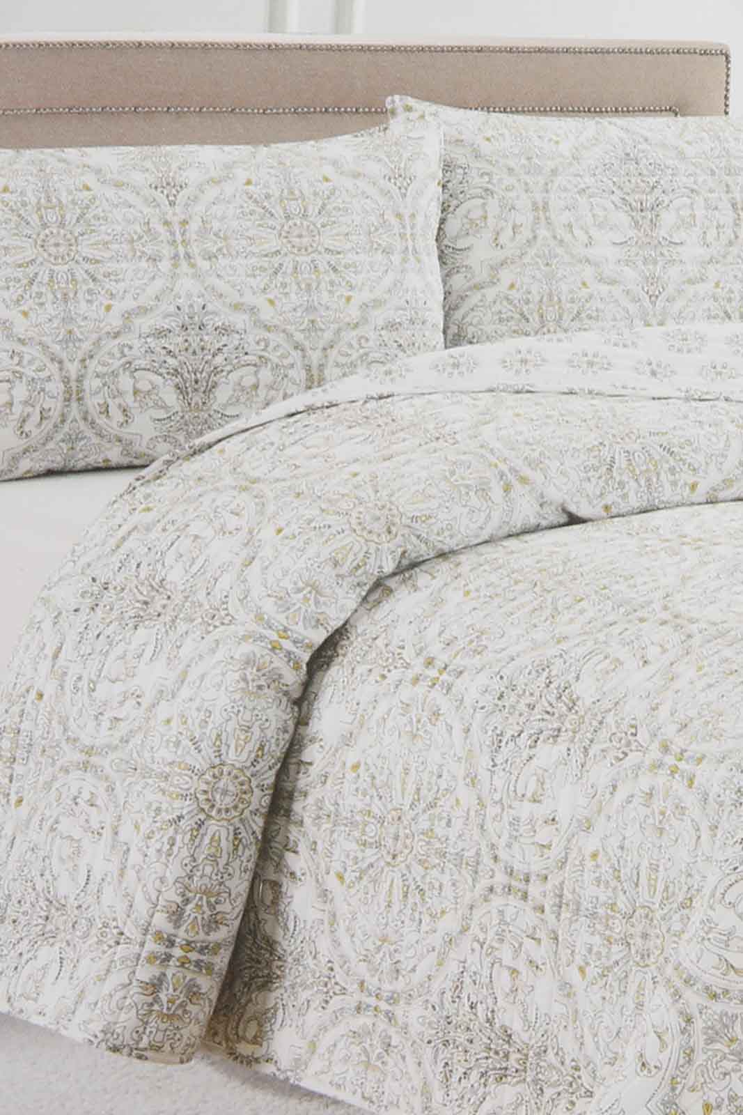 Redtag-Beige-3-Piece-Geometric-Printed-Quilt-Set-(Double-Size)-Category:Quilts,-Colour:Beige,-Deals:New-In,-Filter:Home-Bedroom,-HMW-BED-Quilts,-New-In-HMW-BED,-Non-Sale,-Section:Homewares,-W22A-Home-Bedroom-