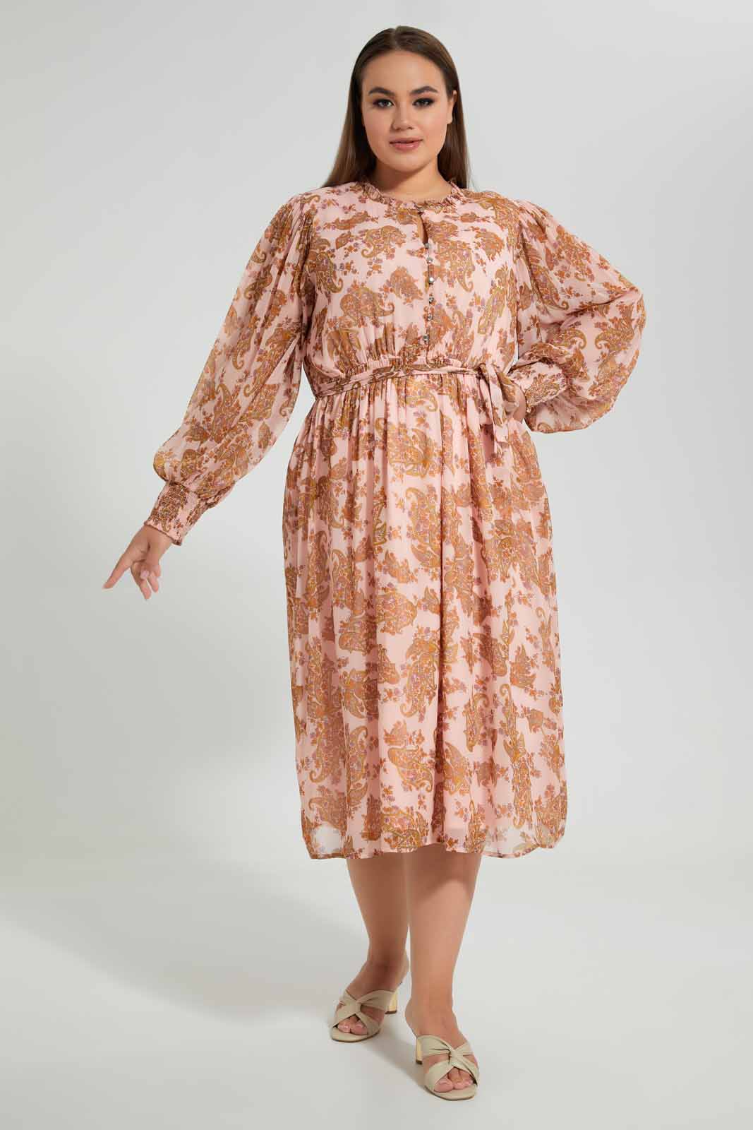 Redtag-Assorted-Printed-Midi-Length-Dress-With-Smocking-And-Belt-Dresses-Women's-