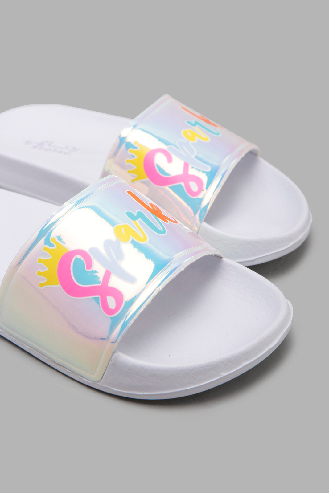 Redtag-Silver-Embossed-Print-Slide-Category:Flip-Flops,-Colour:Silver,-Filter:Girls-Footwear-(5-to-14-Yrs),-GSR-Flip-Flops,-New-In,-New-In-GSR-FOO,-Non-Sale,-Section:Girls-(0-to-14Yrs),-W22A-Senior-Girls-5 to 14 Years