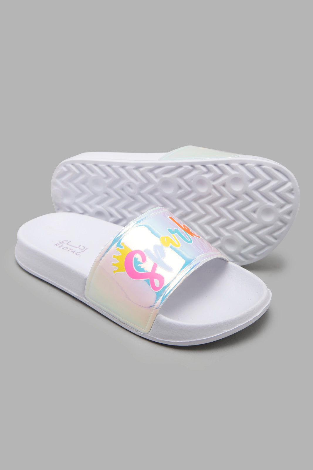 Redtag-Silver-Embossed-Print-Slide-Category:Flip-Flops,-Colour:Silver,-Filter:Girls-Footwear-(5-to-14-Yrs),-GSR-Flip-Flops,-New-In,-New-In-GSR-FOO,-Non-Sale,-Section:Girls-(0-to-14Yrs),-W22A-Senior-Girls-5 to 14 Years