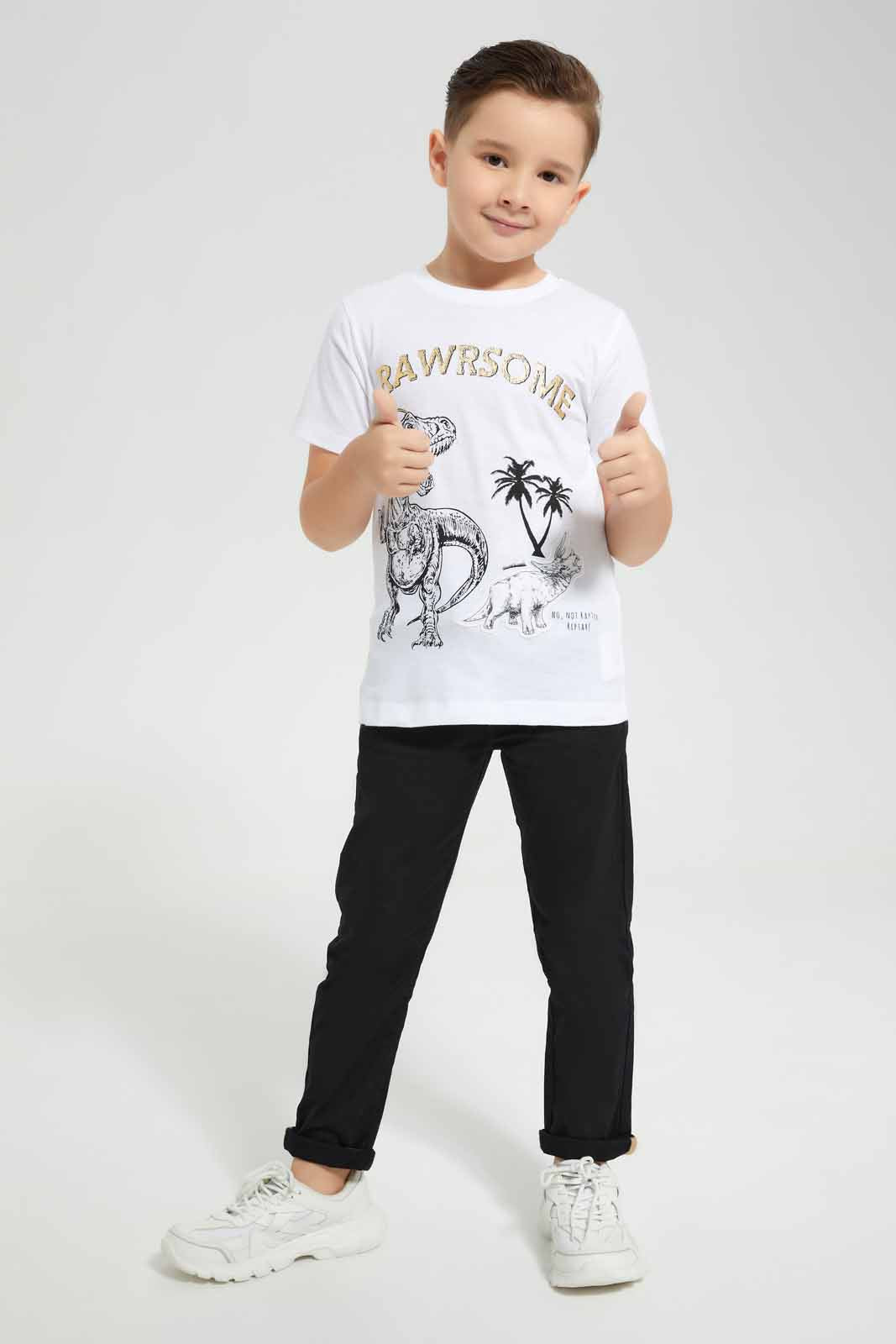 Redtag-White-Rawrsome-Padded-T-Shirt-BOY-T-Shirts,-Category:T-Shirts,-Colour:White,-Deals:New-In,-EID,-Filter:Boys-(2-to-8-Yrs),-New-In-BOY-APL,-Non-Sale,-Section:Boys-(0-to-14Yrs),-W22O-Boys-2 to 8 Years