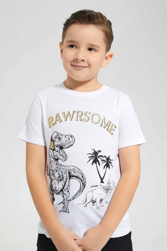 Redtag-White-Rawrsome-Padded-T-Shirt-BOY-T-Shirts,-Category:T-Shirts,-Colour:White,-Deals:New-In,-EID,-Filter:Boys-(2-to-8-Yrs),-New-In-BOY-APL,-Non-Sale,-Section:Boys-(0-to-14Yrs),-W22O-Boys-2 to 8 Years