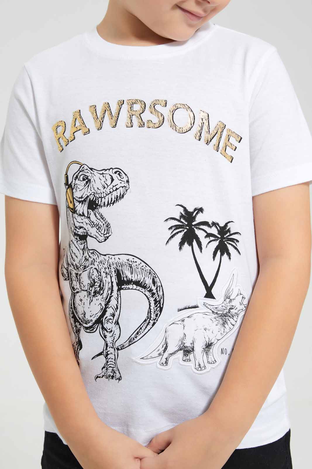 Redtag-White-Rawrsome-Padded-T-Shirt-BOY-T-Shirts,-Category:T-Shirts,-Colour:White,-Deals:New-In,-EID,-Filter:Boys-(2-to-8-Yrs),-New-In-BOY-APL,-Non-Sale,-Section:Boys-(0-to-14Yrs),-W22O-Boys-2 to 8 Years