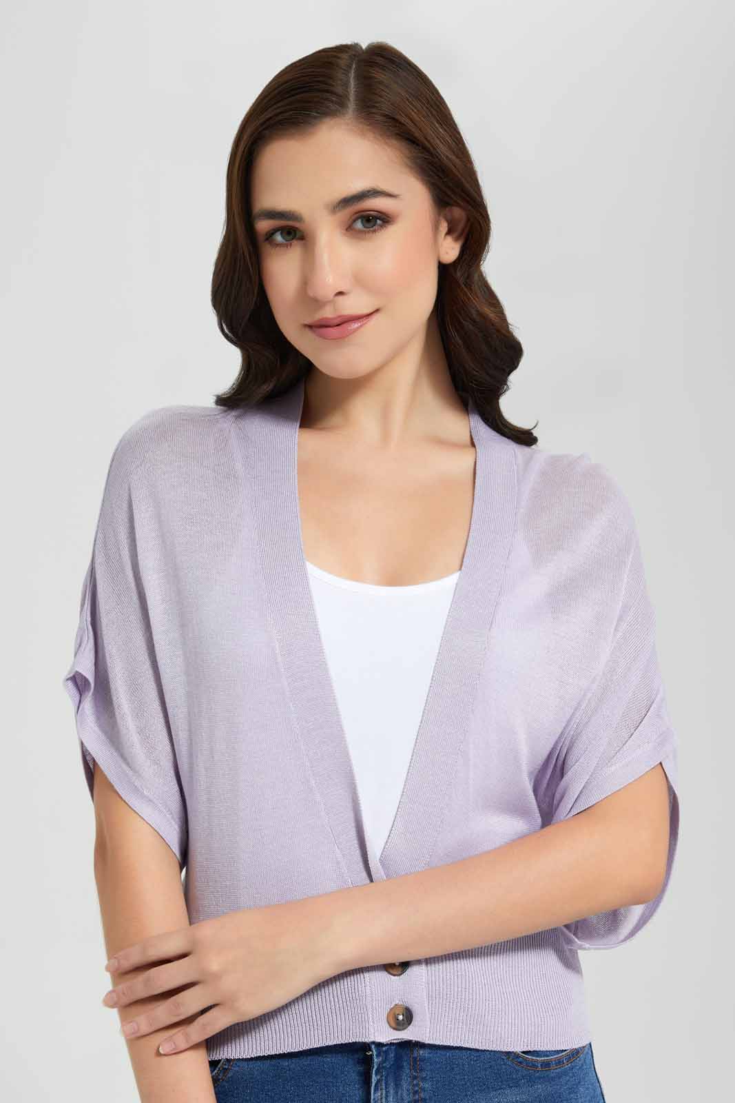 Redtag-Lilac-Short-Sleeves-Cardigan-Category:Cardigans,-Colour:Lilac,-Deals:New-In,-Filter:Women's-Clothing,-New-In-Women,-Non-Sale,-Section:Women,-TBL,-W22O,-Women-Cardigans-Women's-