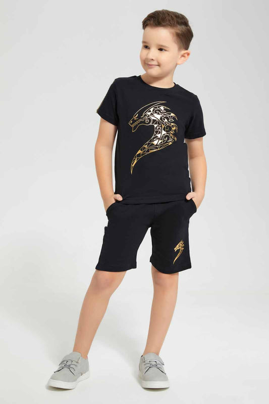 Redtag-Black-Dragon-Print-T-Shirt-And-Short-Set-BOY-Sets,-Category:Sets,-Colour:Black,-Deals:New-In,-EID,-Filter:Boys-(2-to-8-Yrs),-New-In-BOY-APL,-Non-Sale,-Section:Boys-(0-to-14Yrs),-W22O-Boys-2 to 8 Years