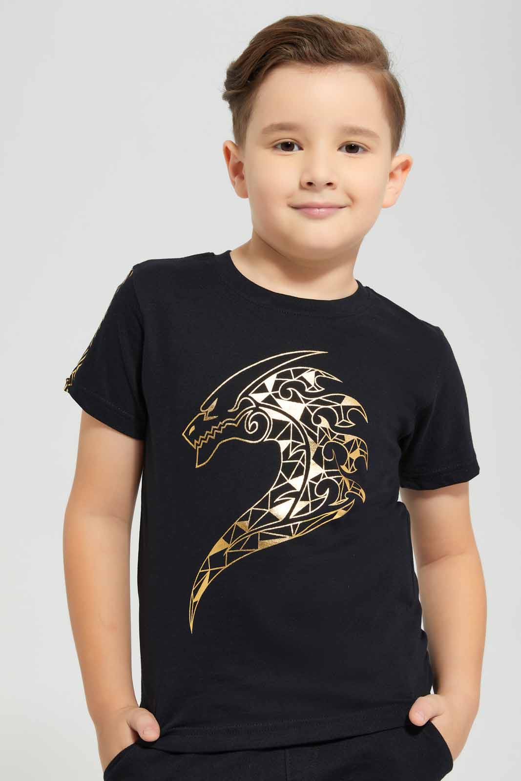 Redtag-Black-Dragon-Print-T-Shirt-And-Short-Set-BOY-Sets,-Category:Sets,-Colour:Black,-Deals:New-In,-EID,-Filter:Boys-(2-to-8-Yrs),-New-In-BOY-APL,-Non-Sale,-Section:Boys-(0-to-14Yrs),-W22O-Boys-2 to 8 Years