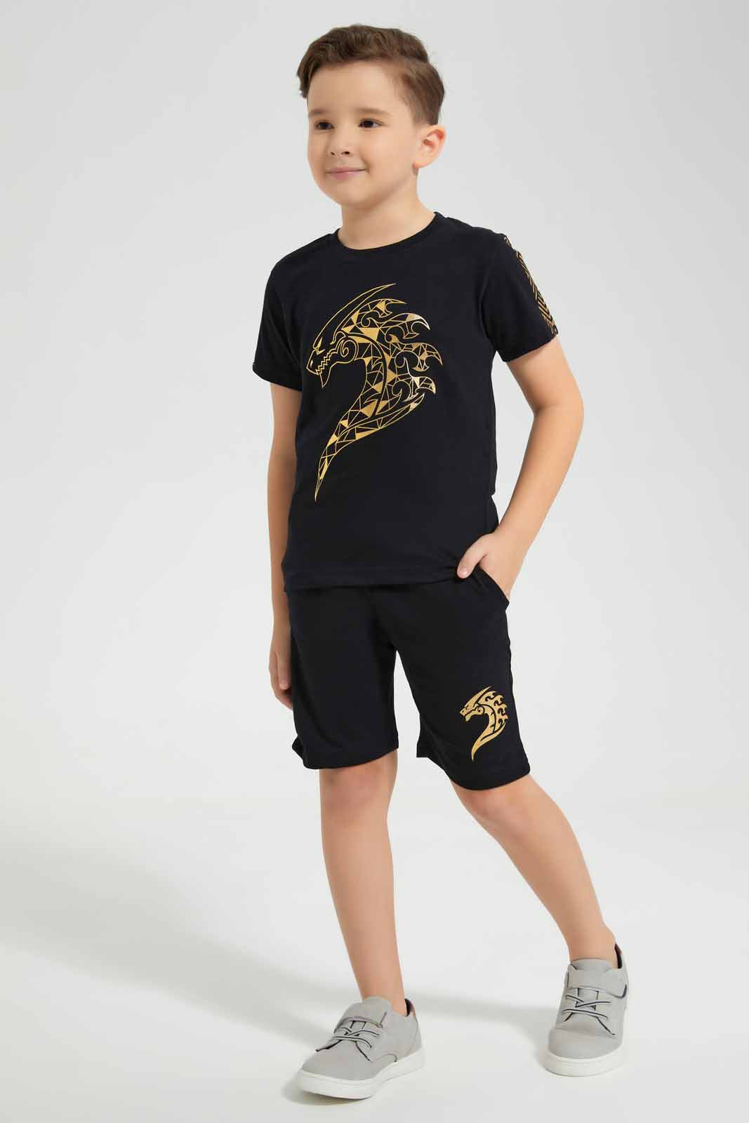 Redtag-Black-Dragon-Print-T-Shirt-And-Short-Set-BOY-Sets,-Category:Sets,-Colour:Black,-Deals:New-In,-EID,-Filter:Boys-(2-to-8-Yrs),-New-In-BOY-APL,-Non-Sale,-Section:Boys-(0-to-14Yrs),-W22O-Boys-2 to 8 Years