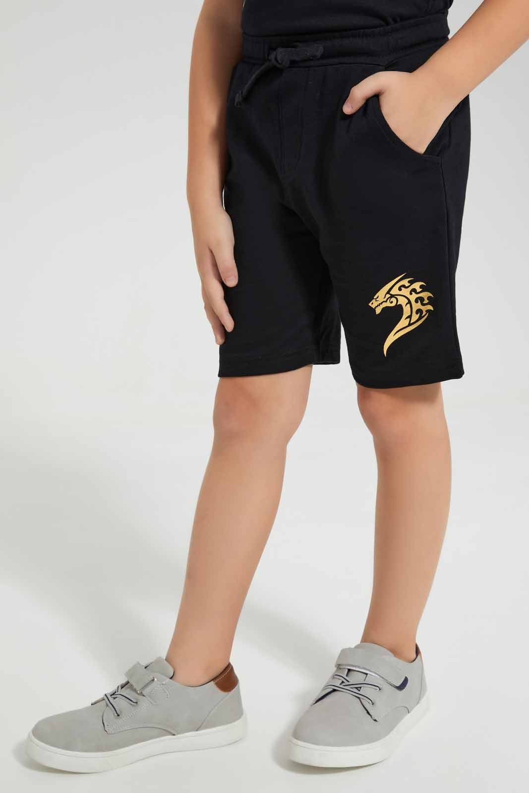 Redtag-Black-Dragon-Print-T-Shirt-And-Short-Set-BOY-Sets,-Category:Sets,-Colour:Black,-Deals:New-In,-EID,-Filter:Boys-(2-to-8-Yrs),-New-In-BOY-APL,-Non-Sale,-Section:Boys-(0-to-14Yrs),-W22O-Boys-2 to 8 Years