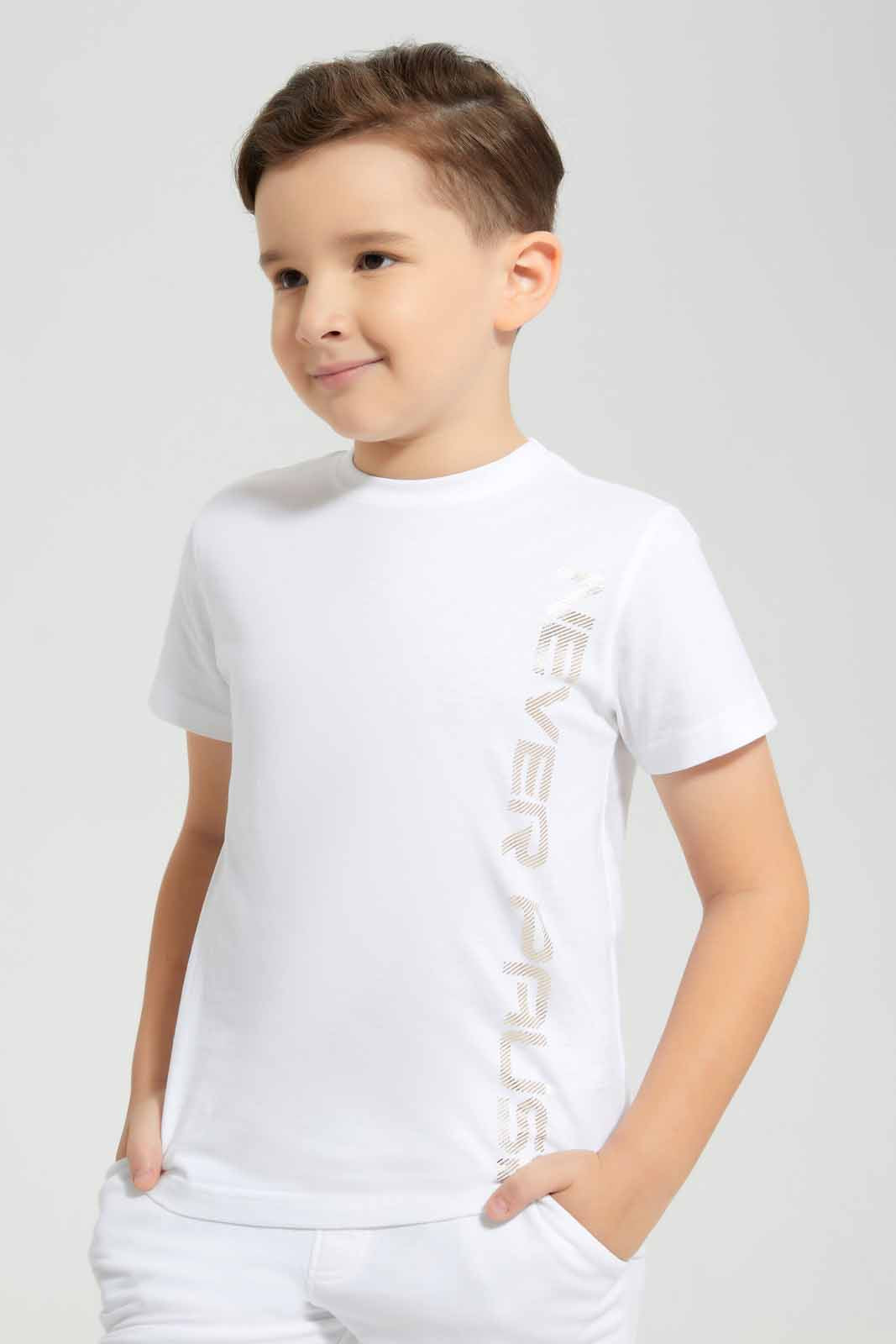 Redtag-White-Never-Pause-Print-T-Shirt-And-Short-Set-BOY-Sets,-Category:Sets,-Colour:White,-Deals:New-In,-EID,-Filter:Boys-(2-to-8-Yrs),-New-In-BOY-APL,-Non-Sale,-Section:Boys-(0-to-14Yrs),-W22O-Boys-2 to 8 Years