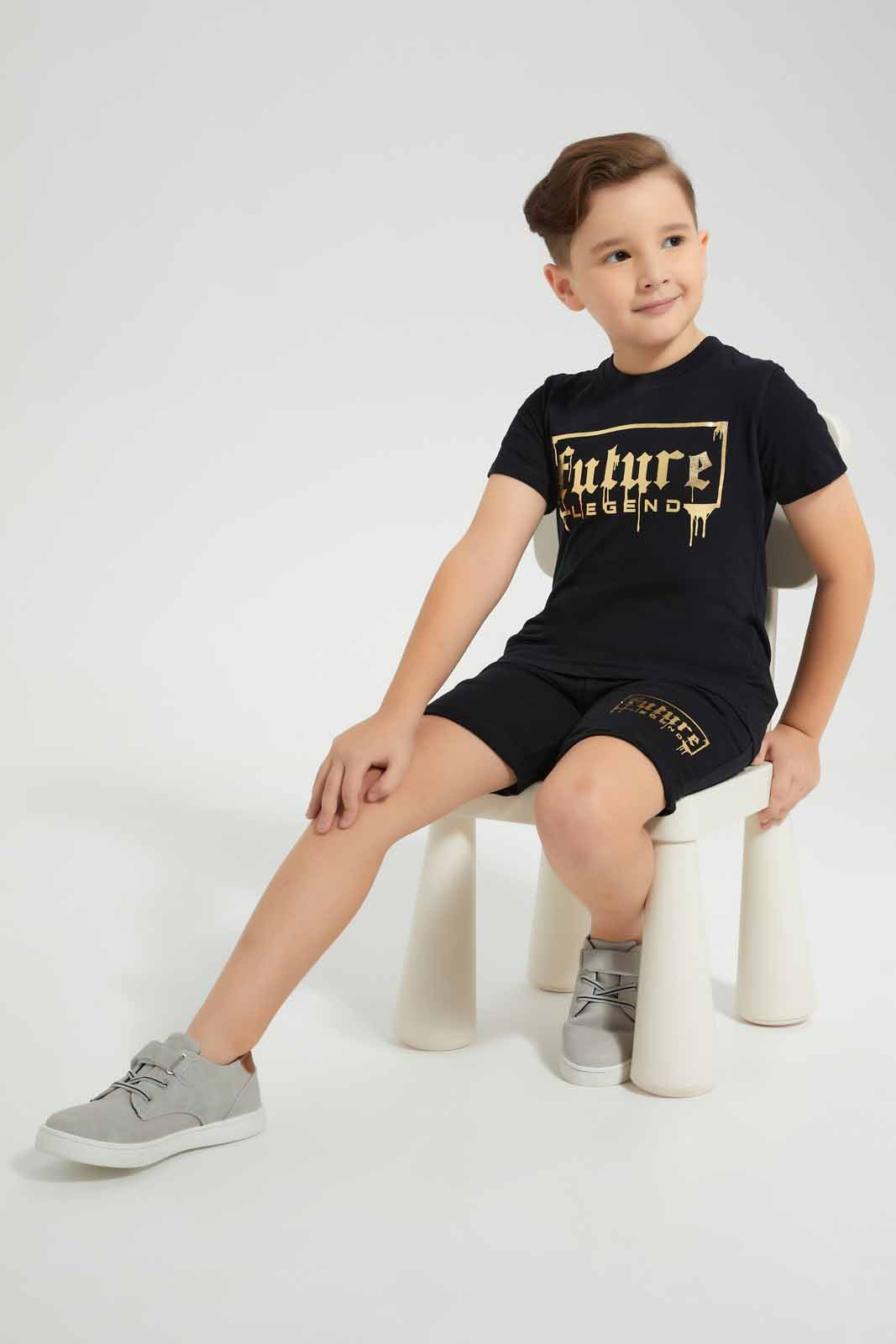 Redtag-Black-Future-Print-T-Shirt-And-Short-Set-BOY-Sets,-Category:Sets,-Colour:Black,-Deals:New-In,-EID,-Filter:Boys-(2-to-8-Yrs),-New-In-BOY-APL,-Non-Sale,-Section:Boys-(0-to-14Yrs),-W22O-Boys-2 to 8 Years