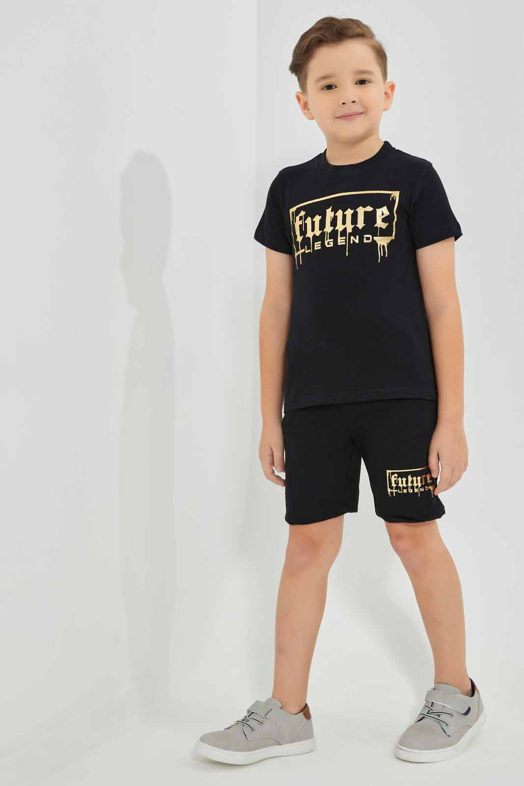 Redtag-Black-Future-Print-T-Shirt-And-Short-Set-BOY-Sets,-Category:Sets,-Colour:Black,-Deals:New-In,-EID,-Filter:Boys-(2-to-8-Yrs),-New-In-BOY-APL,-Non-Sale,-Section:Boys-(0-to-14Yrs),-W22O-Boys-2 to 8 Years