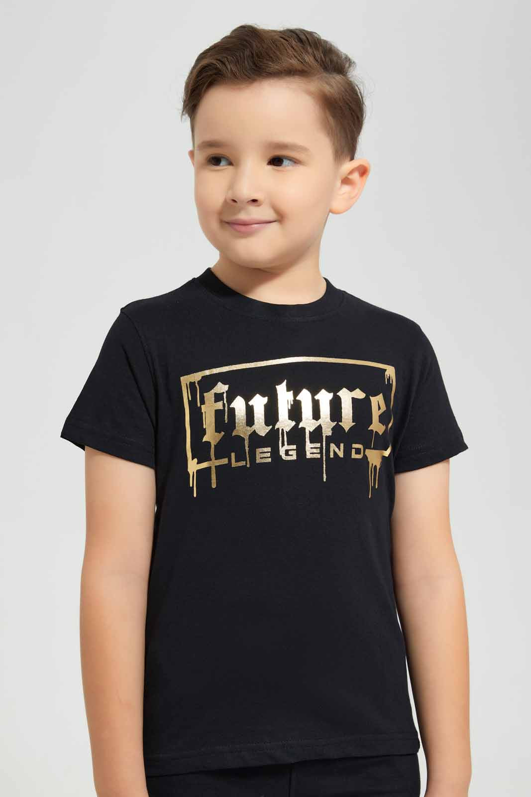 Redtag-Black-Future-Print-T-Shirt-And-Short-Set-BOY-Sets,-Category:Sets,-Colour:Black,-Deals:New-In,-EID,-Filter:Boys-(2-to-8-Yrs),-New-In-BOY-APL,-Non-Sale,-Section:Boys-(0-to-14Yrs),-W22O-Boys-2 to 8 Years