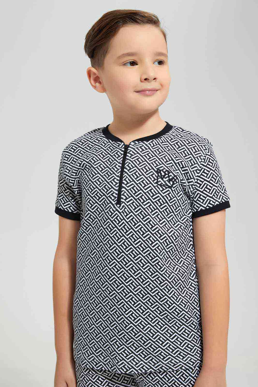 Redtag-White-AOP-Henley-And-Short-Set-BOY-Sets,-Category:Sets,-Colour:White,-Deals:New-In,-EID,-Filter:Boys-(2-to-8-Yrs),-New-In-BOY-APL,-Non-Sale,-Section:Boys-(0-to-14Yrs),-W22O-Boys-2 to 8 Years