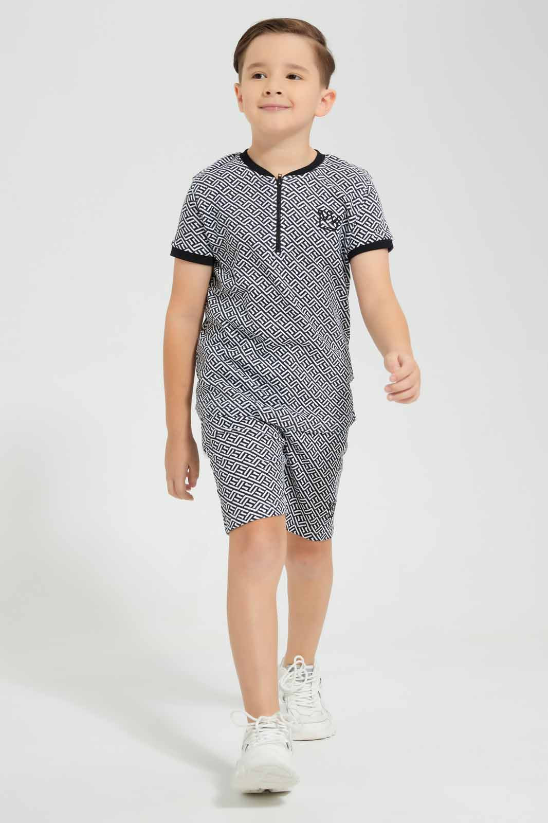 Redtag-White-AOP-Henley-And-Short-Set-BOY-Sets,-Category:Sets,-Colour:White,-Deals:New-In,-EID,-Filter:Boys-(2-to-8-Yrs),-New-In-BOY-APL,-Non-Sale,-Section:Boys-(0-to-14Yrs),-W22O-Boys-2 to 8 Years