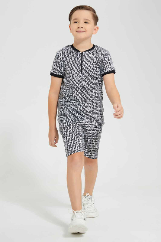 Redtag-White-AOP-Henley-And-Short-Set-BOY-Sets,-Category:Sets,-Colour:White,-Deals:New-In,-EID,-Filter:Boys-(2-to-8-Yrs),-New-In-BOY-APL,-Non-Sale,-Section:Boys-(0-to-14Yrs),-W22O-Boys-2 to 8 Years
