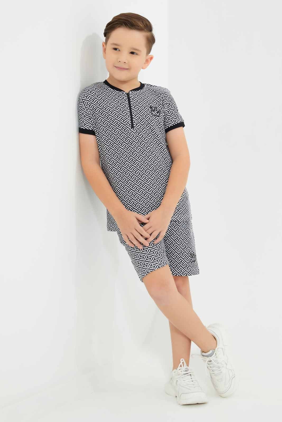 Redtag-White-AOP-Henley-And-Short-Set-BOY-Sets,-Category:Sets,-Colour:White,-Deals:New-In,-EID,-Filter:Boys-(2-to-8-Yrs),-New-In-BOY-APL,-Non-Sale,-Section:Boys-(0-to-14Yrs),-W22O-Boys-2 to 8 Years