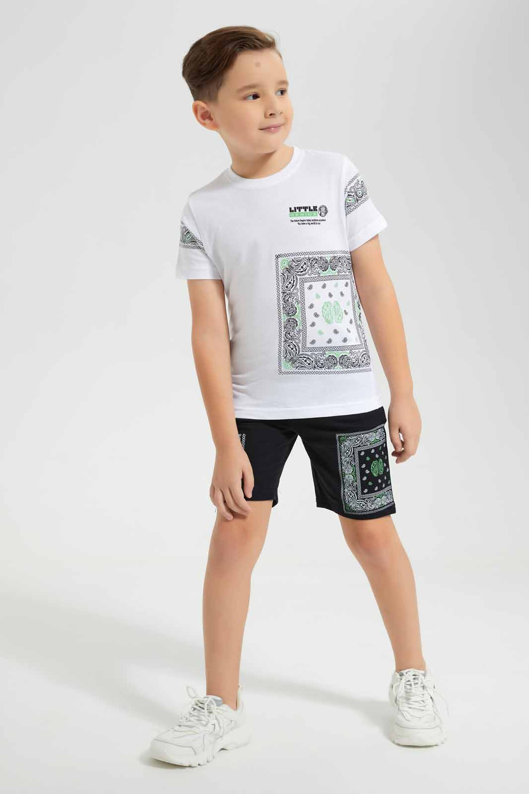 Redtag-White-Printed-T-Shirt-And-Short-Set-BOY-Sets,-Category:Sets,-Colour:White,-Deals:New-In,-EID,-Filter:Boys-(2-to-8-Yrs),-New-In-BOY-APL,-Non-Sale,-Section:Boys-(0-to-14Yrs),-W22O-Boys-2 to 8 Years