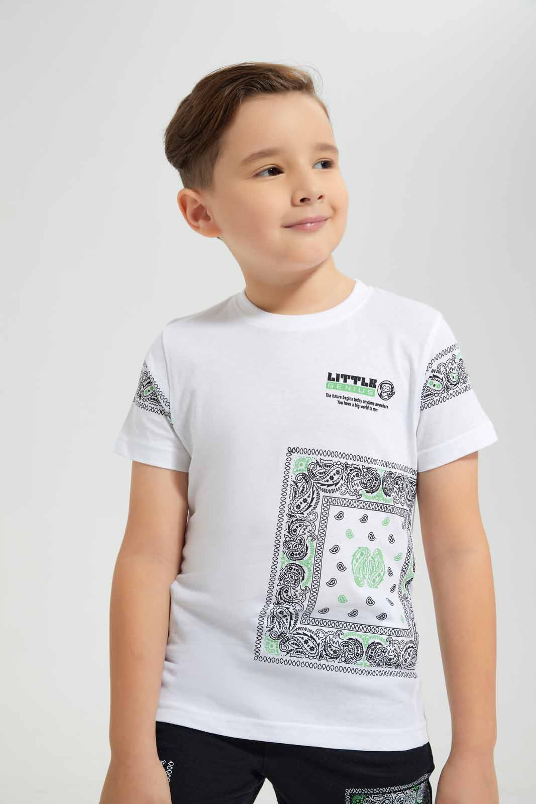 Redtag-White-Printed-T-Shirt-And-Short-Set-BOY-Sets,-Category:Sets,-Colour:White,-Deals:New-In,-EID,-Filter:Boys-(2-to-8-Yrs),-New-In-BOY-APL,-Non-Sale,-Section:Boys-(0-to-14Yrs),-W22O-Boys-2 to 8 Years