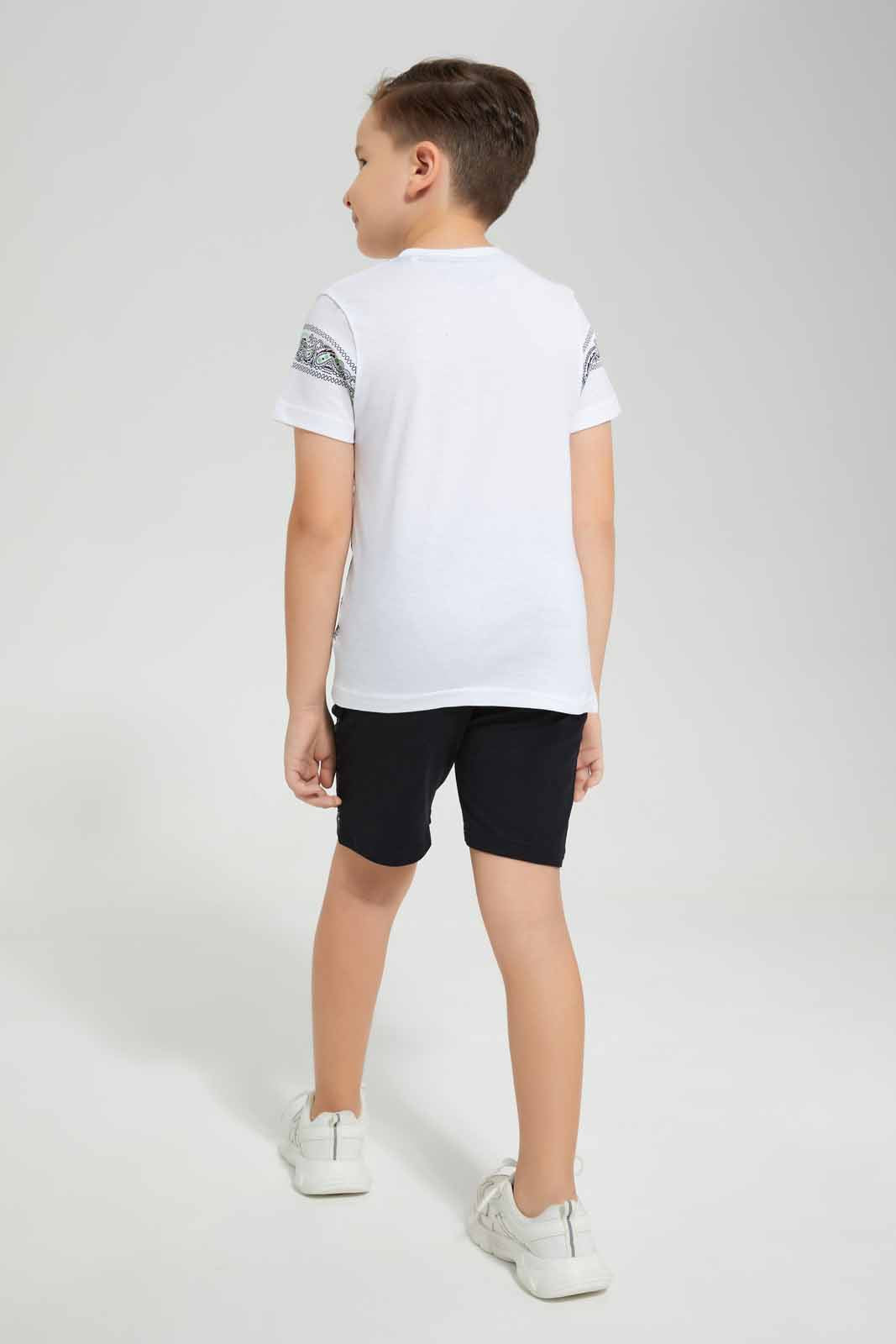 Redtag-White-Printed-T-Shirt-And-Short-Set-BOY-Sets,-Category:Sets,-Colour:White,-Deals:New-In,-EID,-Filter:Boys-(2-to-8-Yrs),-New-In-BOY-APL,-Non-Sale,-Section:Boys-(0-to-14Yrs),-W22O-Boys-2 to 8 Years