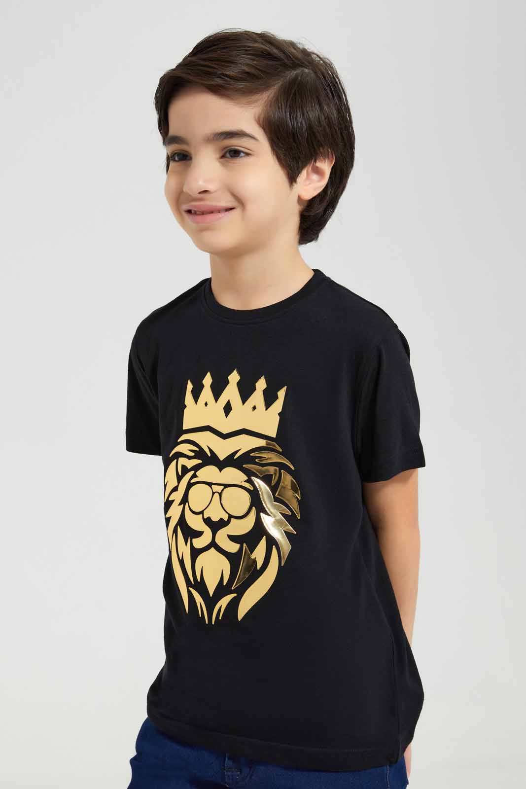 Black Lion Embossed T-Shirt For Boys