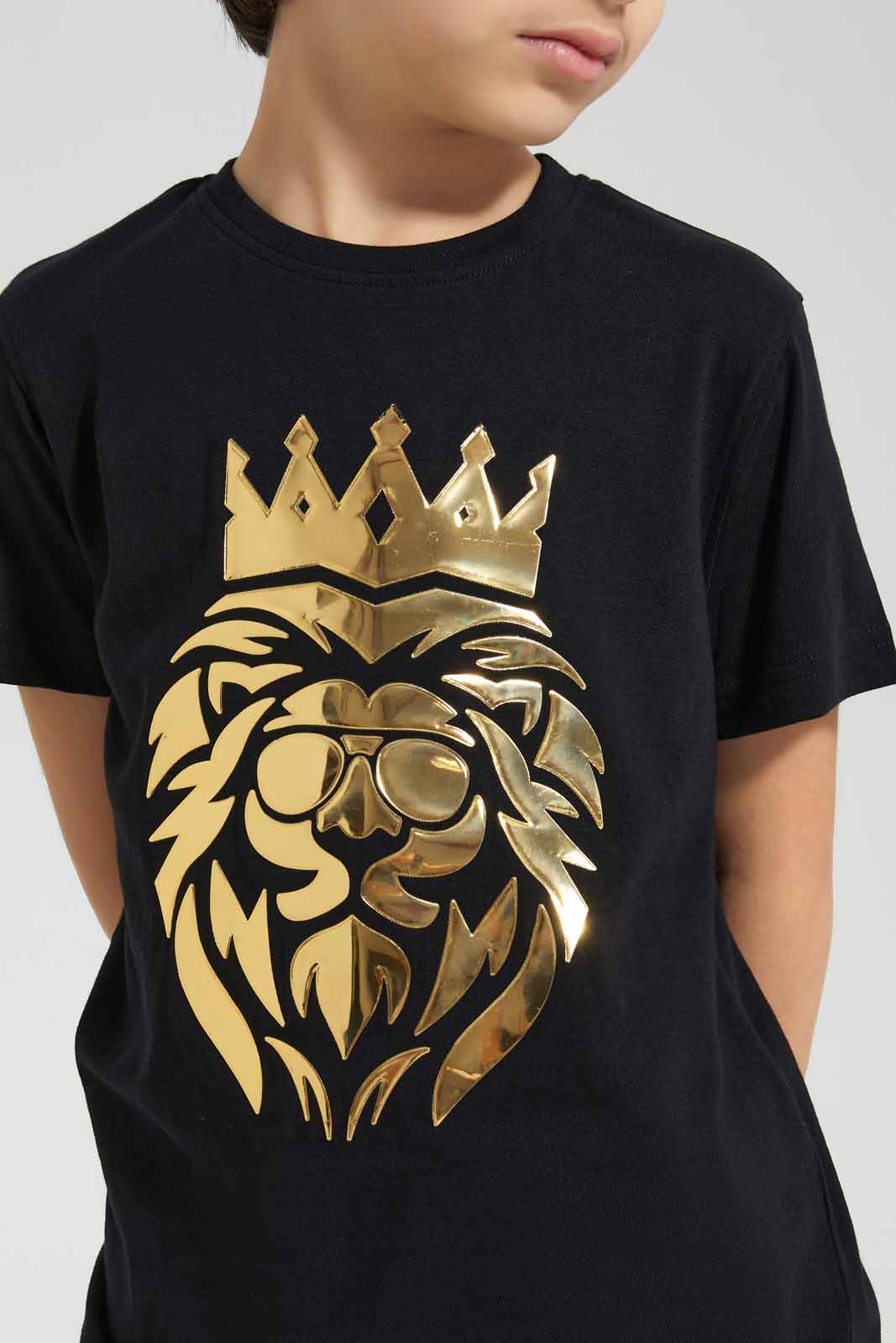 Black Lion Embossed T-Shirt For Boys