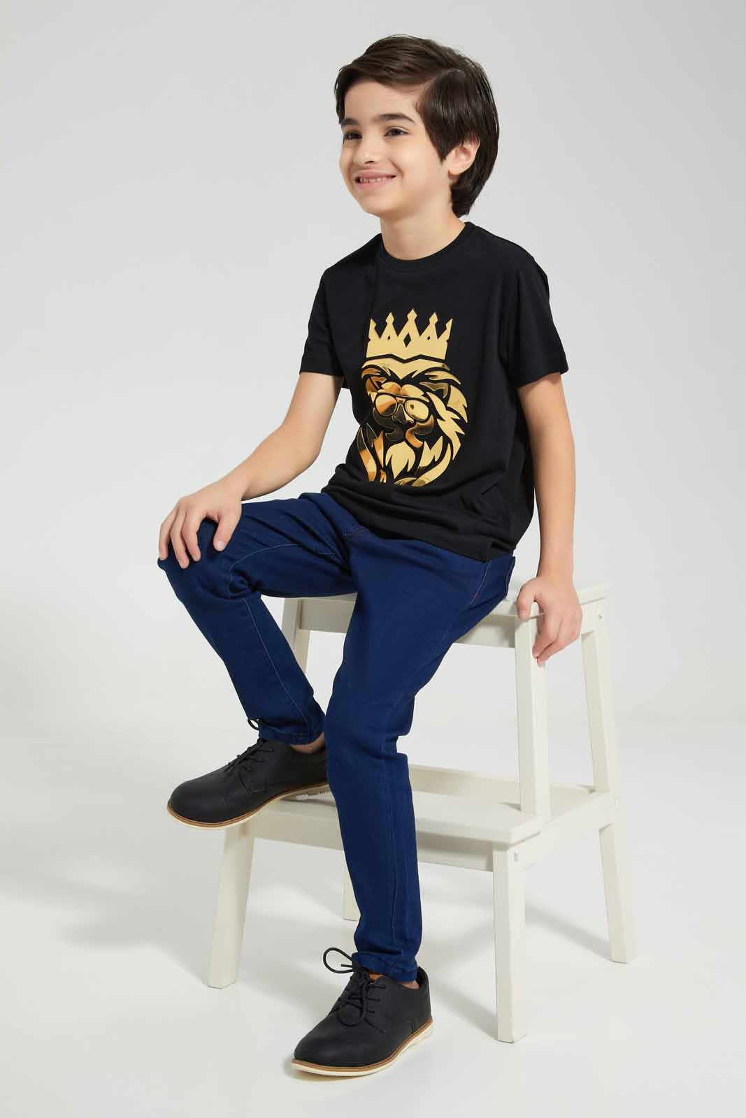 Black Lion Embossed T-Shirt For Boys