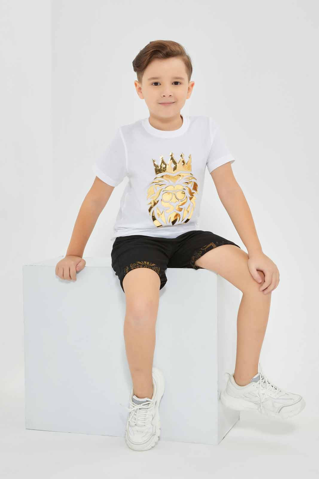 Redtag-White-Lion-Embossed-T-Shirt-BOY-T-Shirts,-Category:T-Shirts,-Colour:White,-Deals:New-In,-EID,-Filter:Boys-(2-to-8-Yrs),-New-In-BOY-APL,-Non-Sale,-Section:Boys-(0-to-14Yrs),-W22O-Boys-2 to 8 Years
