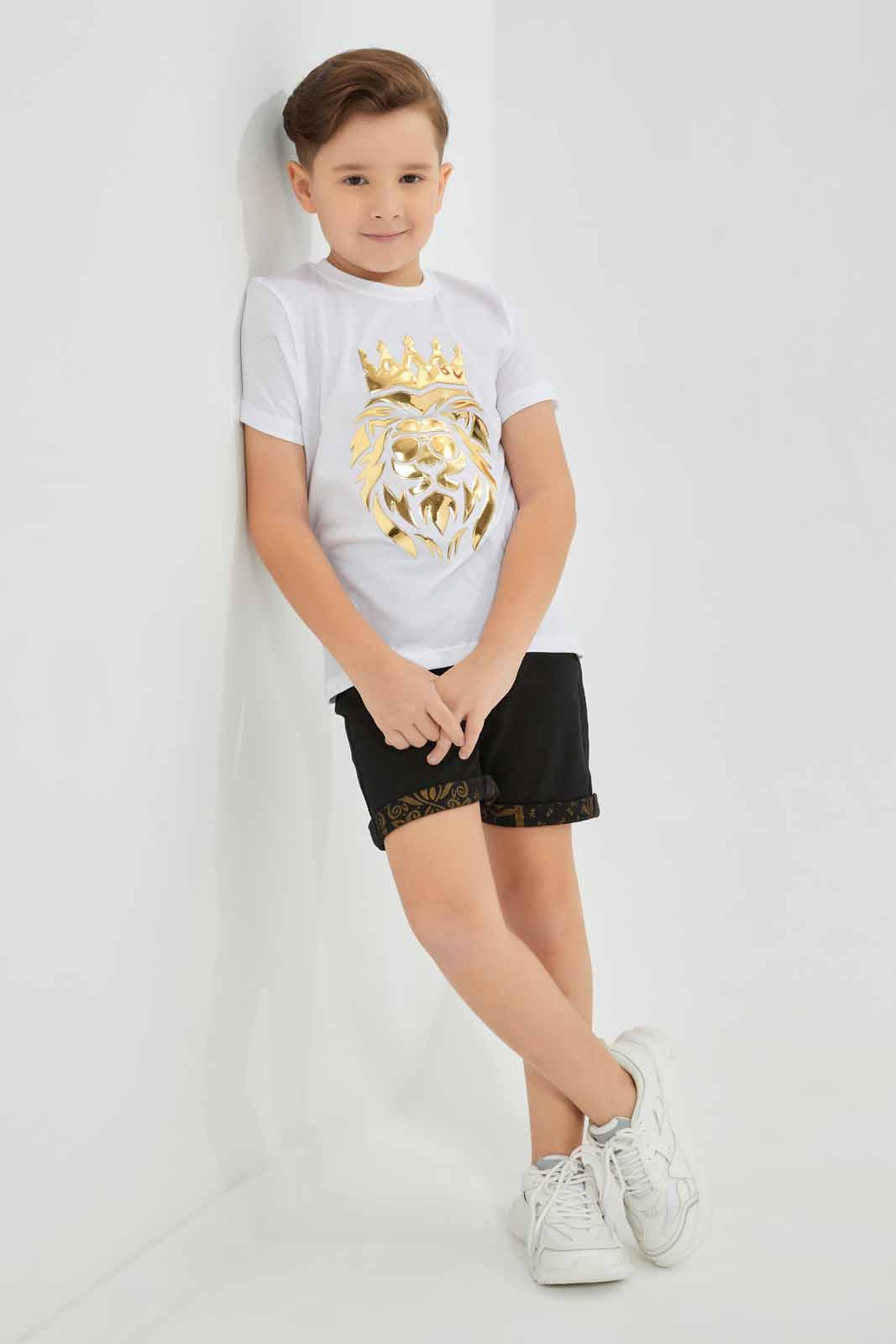 Redtag-White-Lion-Embossed-T-Shirt-BOY-T-Shirts,-Category:T-Shirts,-Colour:White,-Deals:New-In,-EID,-Filter:Boys-(2-to-8-Yrs),-New-In-BOY-APL,-Non-Sale,-Section:Boys-(0-to-14Yrs),-W22O-Boys-2 to 8 Years
