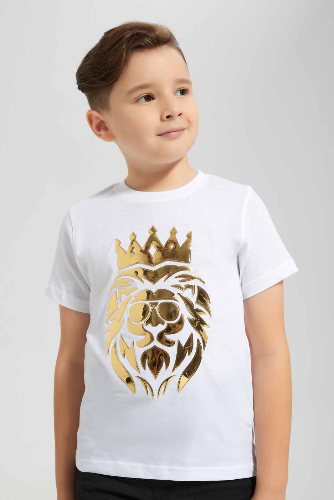 Redtag-White-Lion-Embossed-T-Shirt-BOY-T-Shirts,-Category:T-Shirts,-Colour:White,-Deals:New-In,-EID,-Filter:Boys-(2-to-8-Yrs),-New-In-BOY-APL,-Non-Sale,-Section:Boys-(0-to-14Yrs),-W22O-Boys-2 to 8 Years