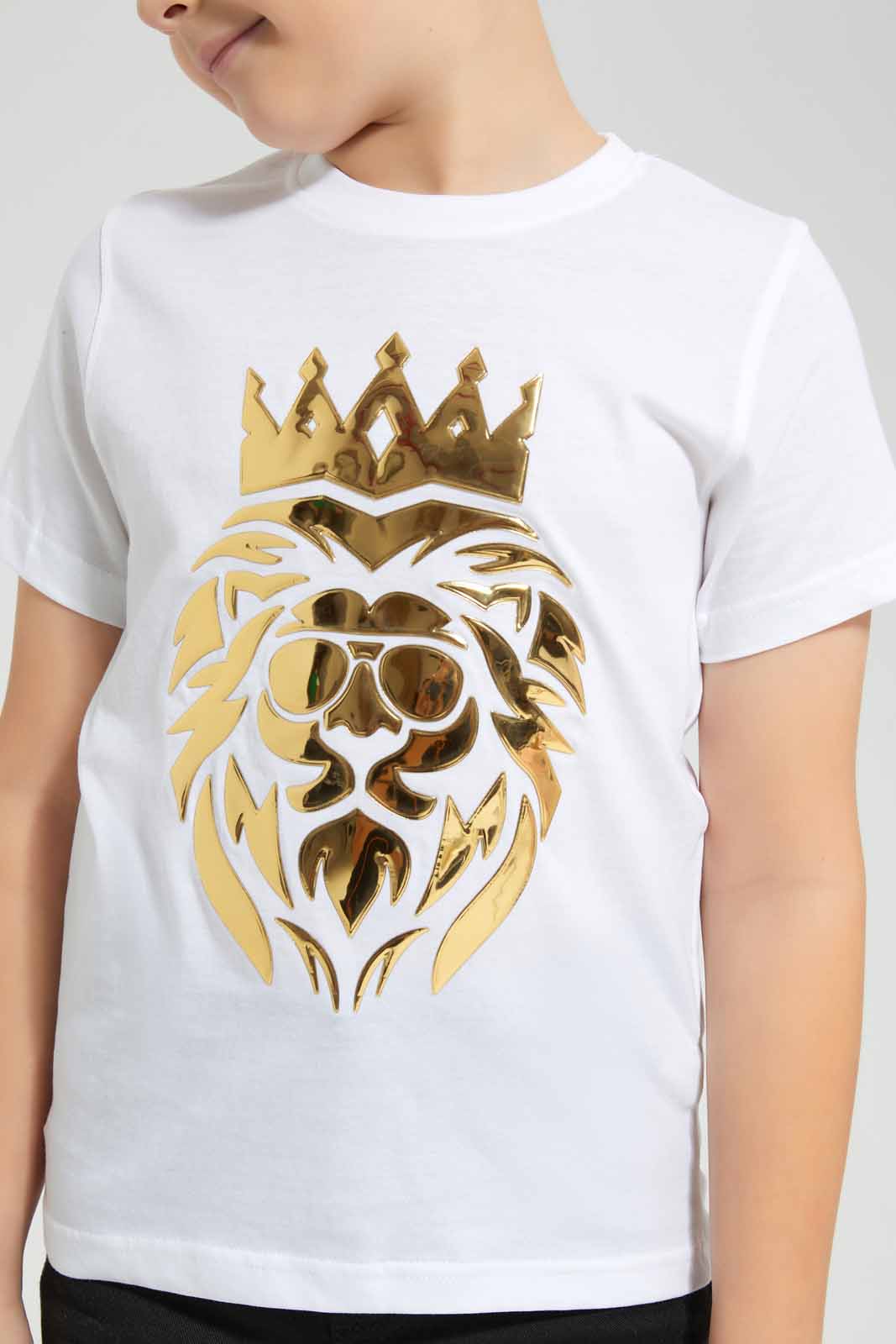 Redtag-White-Lion-Embossed-T-Shirt-BOY-T-Shirts,-Category:T-Shirts,-Colour:White,-Deals:New-In,-EID,-Filter:Boys-(2-to-8-Yrs),-New-In-BOY-APL,-Non-Sale,-Section:Boys-(0-to-14Yrs),-W22O-Boys-2 to 8 Years