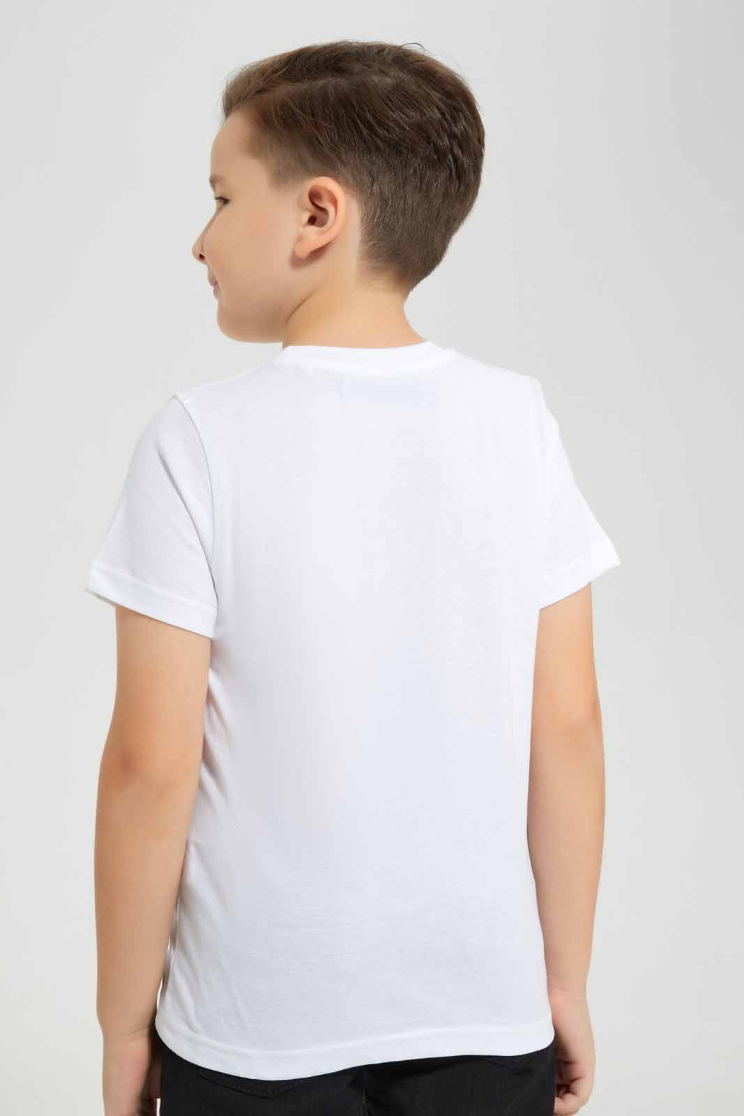 Redtag-White-Lion-Embossed-T-Shirt-BOY-T-Shirts,-Category:T-Shirts,-Colour:White,-Deals:New-In,-EID,-Filter:Boys-(2-to-8-Yrs),-New-In-BOY-APL,-Non-Sale,-Section:Boys-(0-to-14Yrs),-W22O-Boys-2 to 8 Years