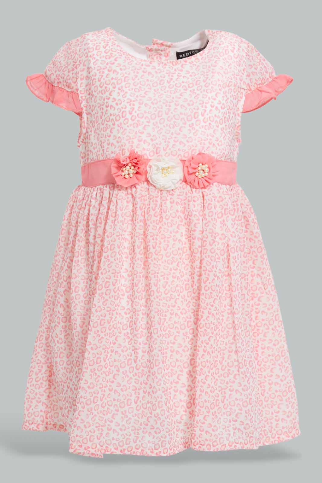 Redtag-Pink-Frilled-Sleeves-Dress-With-Rosset-Details-Category:Dresses,-Colour:Apricot,-Deals:New-In,-EID,-Filter:Infant-Girls-(3-to-24-Mths),-ING-Dresses,-New-In-ING-APL,-Non-Sale,-Section:Girls-(0-to-14Yrs),-W22O-Infant-Girls-3 to 24 Months