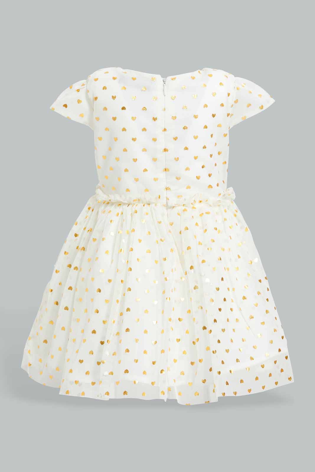 Cream Foil Print Mesh Dress For Baby Girls