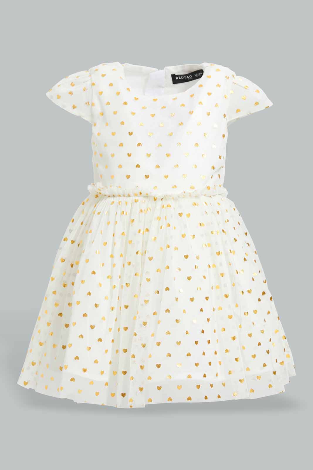 Cream Foil Print Mesh Dress For Baby Girls