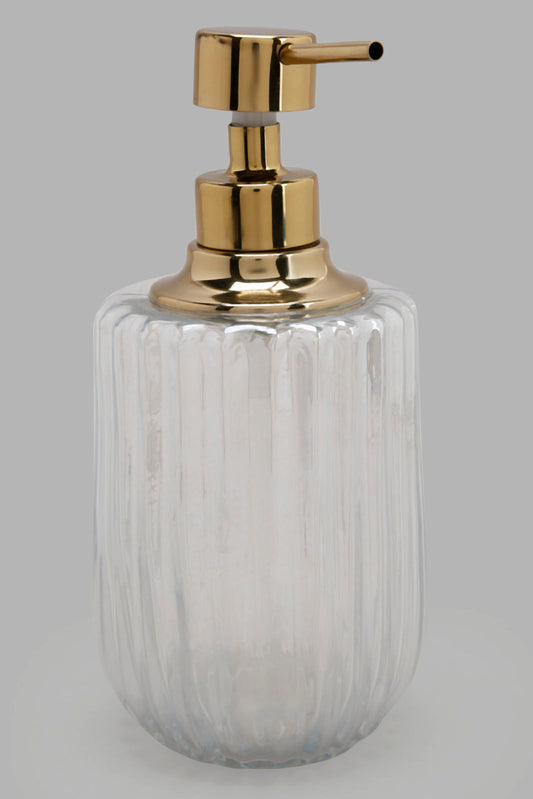 Redtag-Gold-Stripe-Glass-Lotion-Dispenser-Category:Toiletry-Sets,-Colour:Gold,-Deals:New-In,-Filter:Home-Bathroom,-HMW-BAC-Bath-Accessories,-New-In-HMW-BAC,-Non-Sale,-Section:Homewares,-W22A-Home-Bathroom-
