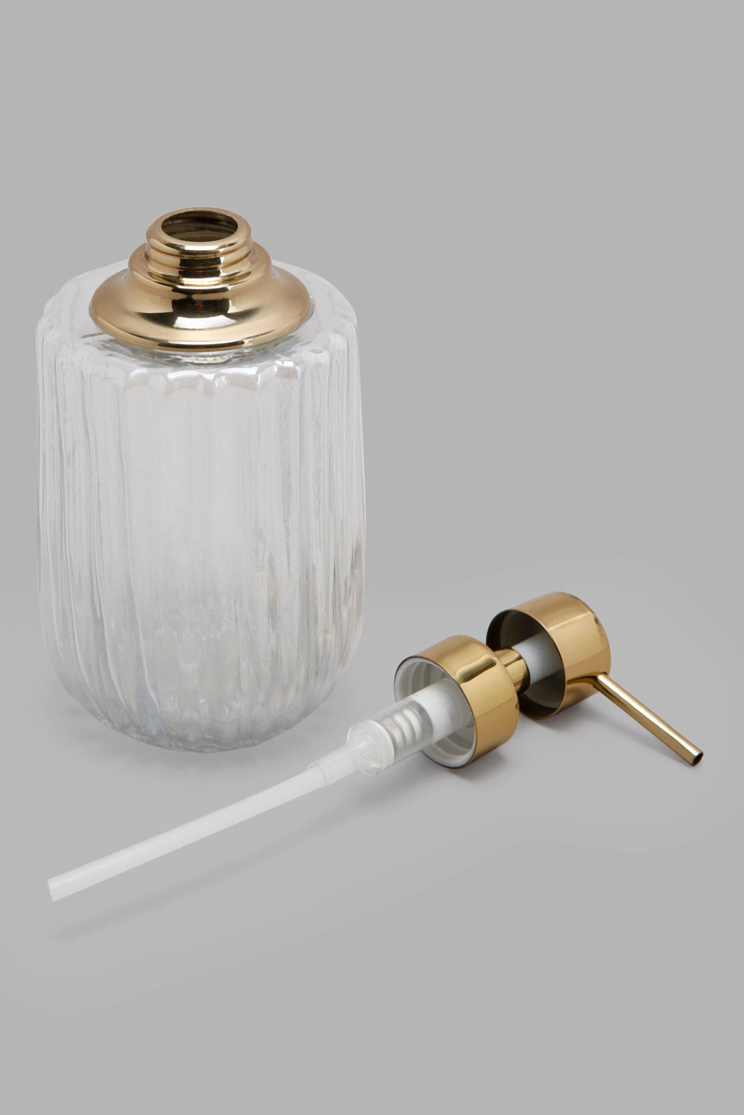 Redtag-Gold-Stripe-Glass-Lotion-Dispenser-Category:Toiletry-Sets,-Colour:Gold,-Deals:New-In,-Filter:Home-Bathroom,-HMW-BAC-Bath-Accessories,-New-In-HMW-BAC,-Non-Sale,-Section:Homewares,-W22A-Home-Bathroom-
