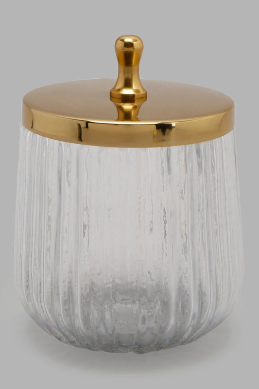 Redtag-Gold-Stripe-Glass-Cotton-Jar-Category:Bathroom-Accessories,-Colour:Gold,-Deals:New-In,-Filter:Home-Bathroom,-HMW-BAC-Bath-Accessories,-New-In-HMW-BAC,-Non-Sale,-Section:Homewares,-W22A-Home-Bathroom-