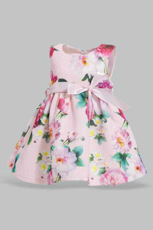 Redtag-Lt.-Pink-Floral-AOP-Dress-With-Belt-Category:Dresses,-Colour:Apricot,-Deals:New-In,-EID,-Filter:Infant-Girls-(3-to-24-Mths),-ING-Dresses,-New-In-ING-APL,-Non-Sale,-Section:Girls-(0-to-14Yrs),-W22O-Infant-Girls-3 to 24 Months