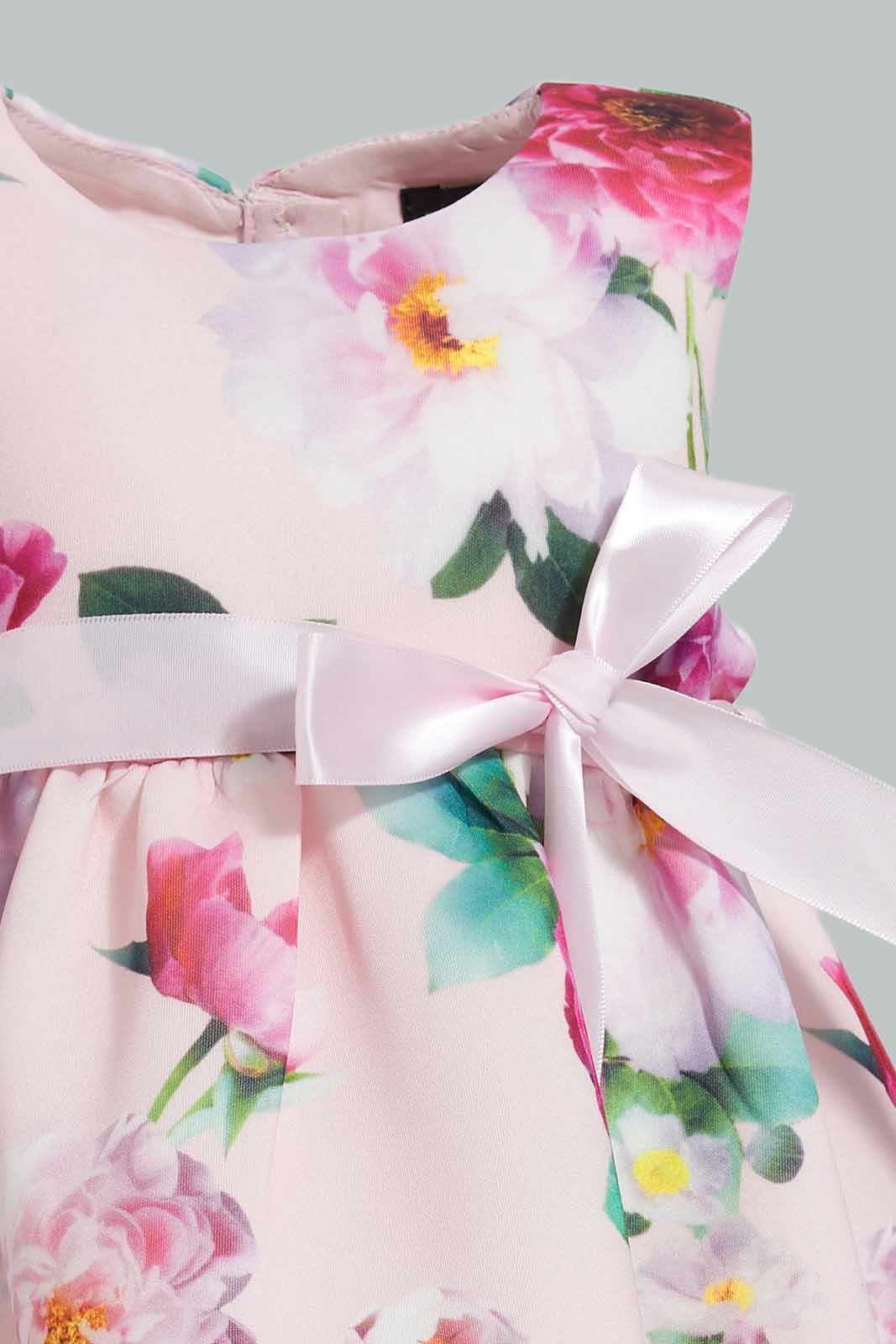 Redtag-Lt.-Pink-Floral-AOP-Dress-With-Belt-Category:Dresses,-Colour:Apricot,-Deals:New-In,-EID,-Filter:Infant-Girls-(3-to-24-Mths),-ING-Dresses,-New-In-ING-APL,-Non-Sale,-Section:Girls-(0-to-14Yrs),-W22O-Infant-Girls-3 to 24 Months